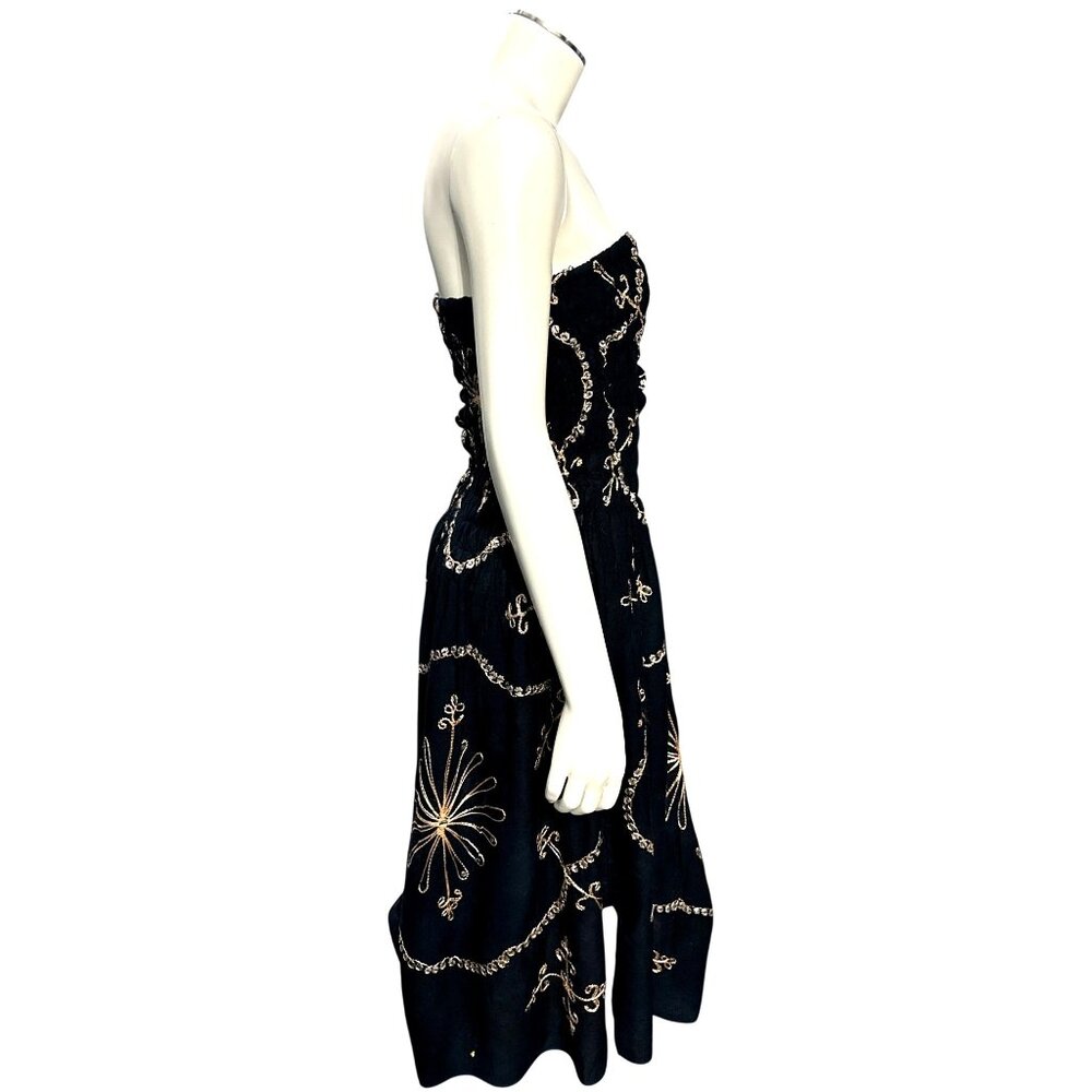 Black Strapless Smocked Embroidered Sequin Midi Dress Gold Scroll Starburst Boho - Picture 7 of 8